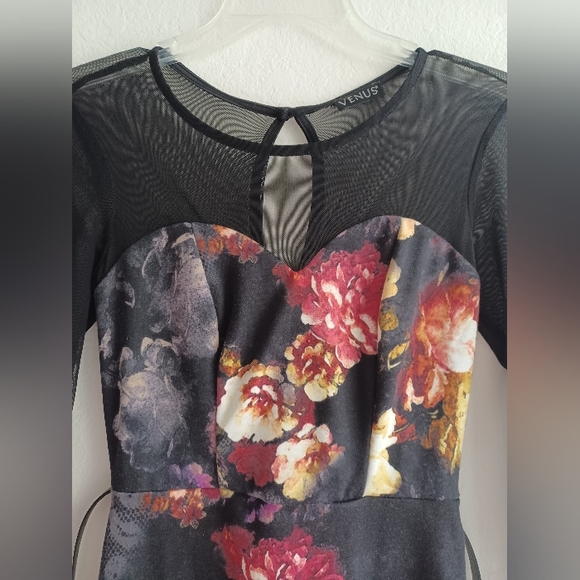 Venus black floral bodycon dress with mesh sleeves and mesh upper back, Small - Picture 2 of 9